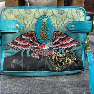 Christian Audigier Teal and Gold wristlet Bag